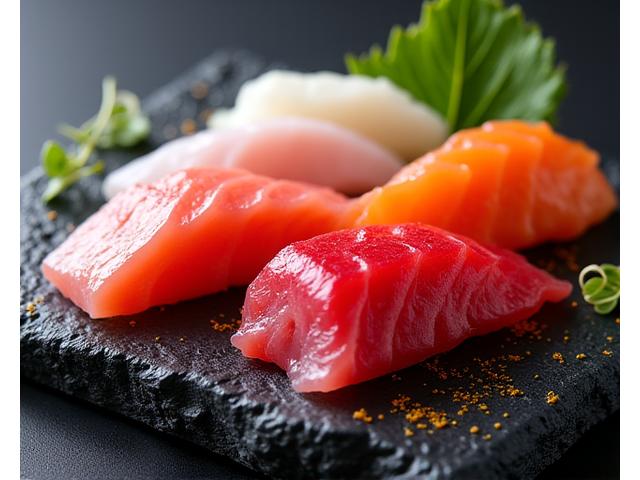 蛇の鱗のように盛り付けられた色鮮やかな季節の鮮魚のお造り