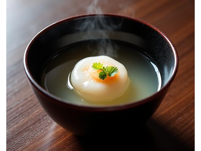 清汁仕立ての椀物、中に亀の手の真丈が入っている