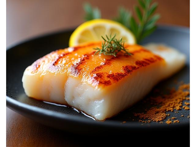 香ばしく焼き上げられた淡水魚、レモンが添えられている
